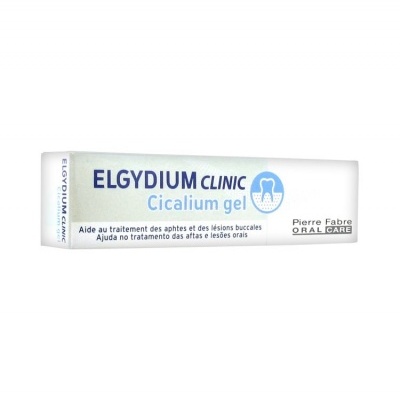 Caixa branca de gel dentário ELGYDIUM CLINIC Cicalium gel com texto azul