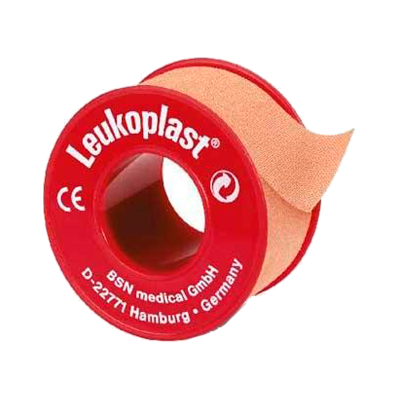 Fita adesiva médica Leukoplast com suporte vermelho e impressão branca.
