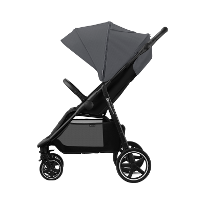 Carrinho de bebé cinza escuro com estrutura preta e capota ajustável