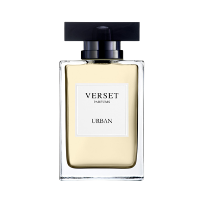 Frasco de perfume Verset Parfums Urban com tampa preta e rótulo branco