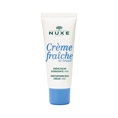 Frasco de creme hidratante NUXE Creme Fraîche de Beauté com tampa azul