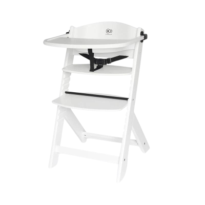 Cadeira alta infantil branca em madeira com tabuleiro removível e cinto de segurança preto