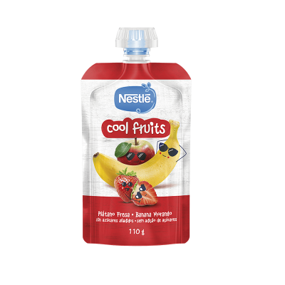 Embalagem Nestlé Cool Fruits 110 g com frutas ilustradas e fundo branco e vermelho