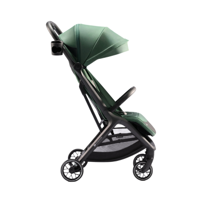 Carrinho de bebé verde com estrutura preta, rodas duplas e tenda ajustável