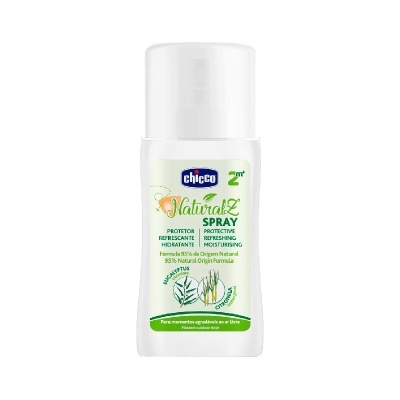 Frasco branco de spray Chicco NaturalZ com texto em português e inglês sobre proteção e ingredientes naturais
