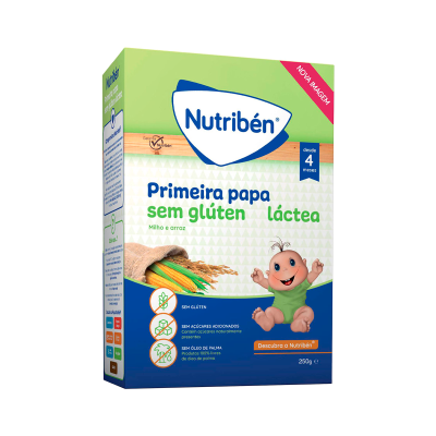 Embalagem de papa infantil NutrIbén sem glúten láctea, milho e arroz, com bebé e cereais