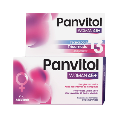 Caixa branca e roxa de suplemento alimentar Panvitol WOMAN 45+, 30 comprimidos.