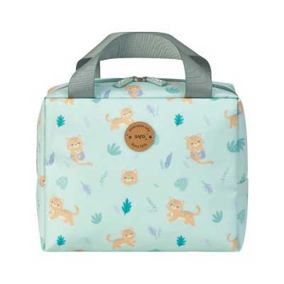 Saco azul claro com pattern de leopardos e folhas, com alças cinzentas e etiqueta redonda.