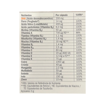 Tabela nutricional suplemento vitaminas e minerais