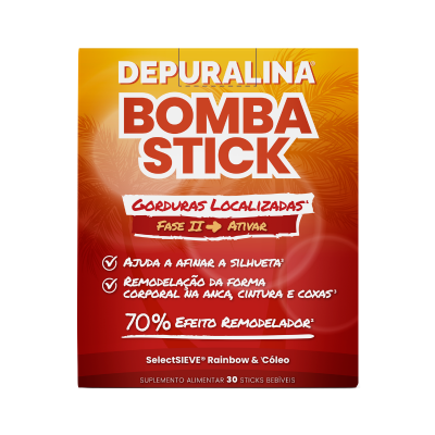 Embalagem laranja e vermelha de suplemento alimentar Depuralina Bomba Stick com texto explicativo