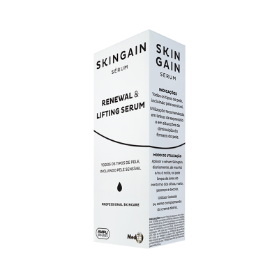 Embalagem branca de sérum facial SKINGAIN Renewal & Lifting Serum com texto em português