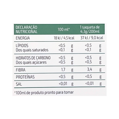 Etiqueta nutricional com valores por 100 ml e 1 saqueta