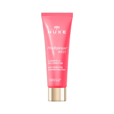Tubo rosa de creme NUXE Prodigieuse BOOST com tampa dourada