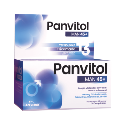 Caixa de suplemento Panvitol MAN 45+ azul e branco com texto e símbolos