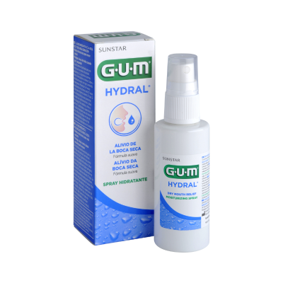 Spray hidratante GUM Hydral para alívio da boca seca com embalagem branca e azul