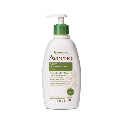 Loção hidratante Aveeno Daily Moisturising em frasco branco com tampa verde e dispensador