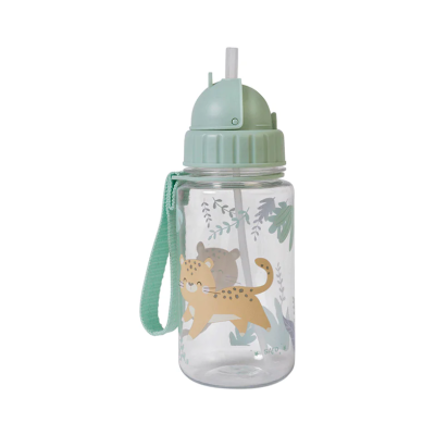 Garrafa transparente com tampa verde e ilustração de onça