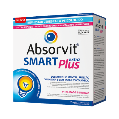 Caixa do suplemento Absorvit SMART Plus Extra com informações sobre benefícios para desempenho mental e ingredientes