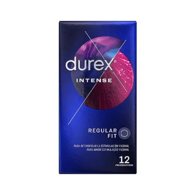 Embalagem azul e roxa de preservativos Durex Intense Regular Fit