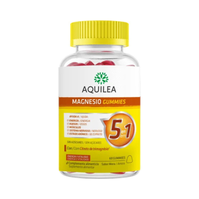 Frasco de gomas AQUILEA MAGNESIO GUMMIES com tampa amarela e texto em espanhol e português