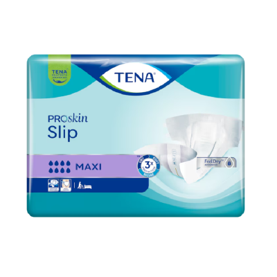 Embalagem do produto TENA Proskin Slip Maxi com texto e ícones informativos