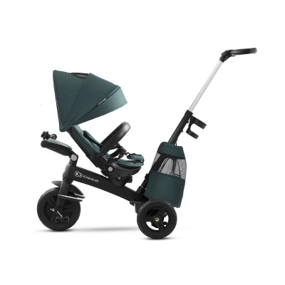 Carrinho de criança preto com assento e toldo verde-azulado e rodas pretas