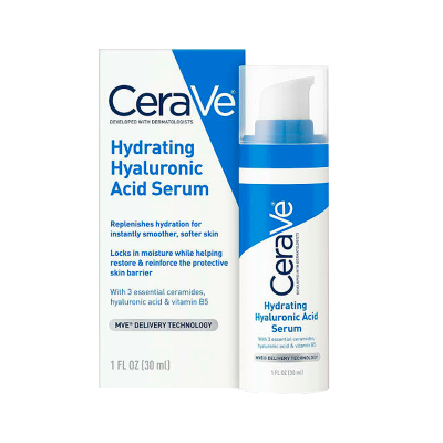 Soro hidratante CeraVe Hydrating Hyaluronic Acid Serum em embalagem branca e azul com texto azul e preto