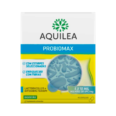 Caixa de suplemento alimentar Aquilea Probiomax com 45 cápsulas