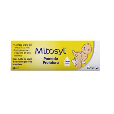 Embalagem da pomada protetora Mitosyl com ilustração de bebé