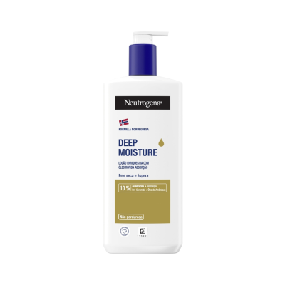 Frasco branco com doseador azul e branco do hidratante Neutrogena Deep Moisture