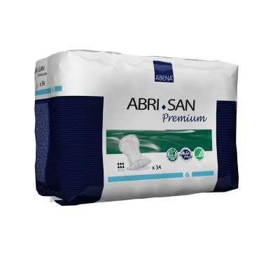 Embalagem de absorventes ABENA ABRI SAN Premium brancos com detalhes azuis e verdes