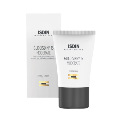Gel facial peeling ISDIN GLICOSIDIN 15 MODERATE em embalagem e tubo branco com texto preto e dourado