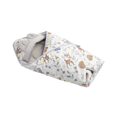 Saco de bebé com padrão de animais da floresta em branco e cinza
