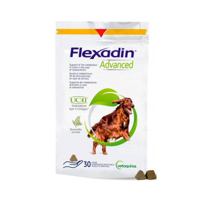 Embalagem branca de suplemento Flexadin Advanced para cães com imagem de cão castanho e texto em azul e verde
