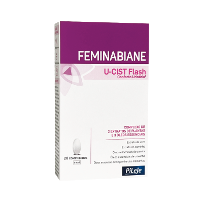 Embalagem de comprimidos Feminabiane U-CIST Flash Conforto Urinário com texto e imagem do comprimido.