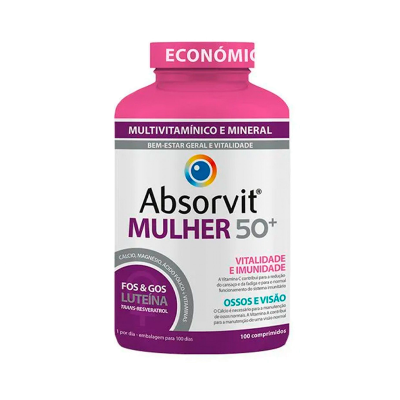 Frasco de suplemento multivitamínico Absorvit Mulher 50+ com tampa rosa
