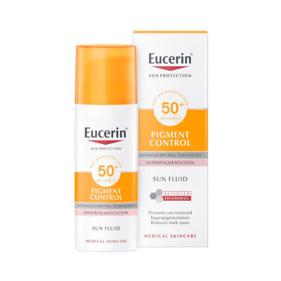 Frasco e embalagem do protetor solar Eucerin Pigment Control SPF 50+