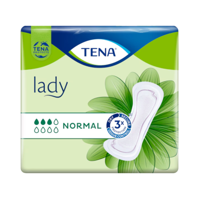 Embalagem verde e azul de pensos higiénicos TENA lady normal