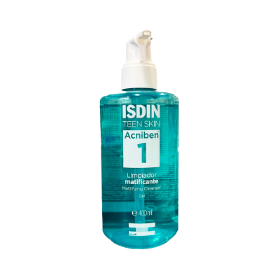 Frasco de gel azul transparente ISDIN Acniben 1 com tampa branca