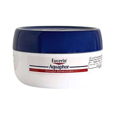 Recipiente branco com tampa azul escura de pomada Eucerin Aquaphor