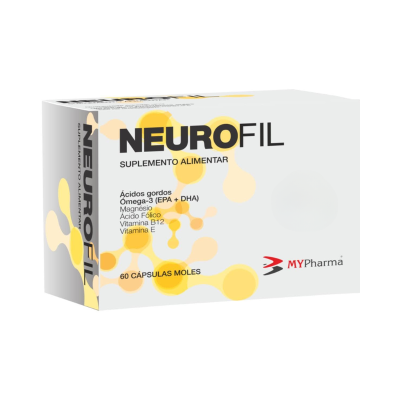 Embalagem branca de suplemento NEUROFIL com texto e marca MYPharma