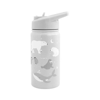 Garrafa térmica com desenhos de animais polares em fundo cinzento
