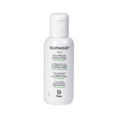 Frasco branco de loção micelar BLEPHASOL 100 ml