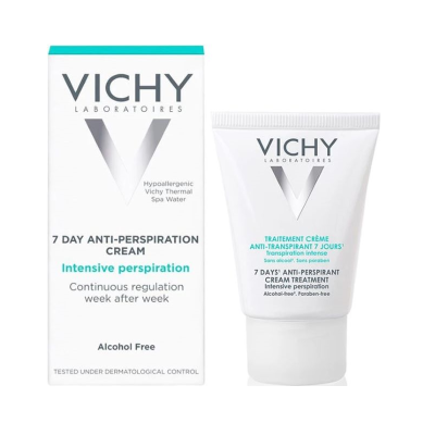 Creme antitranspirante Vichy embalagem branca com texto azul e cinza