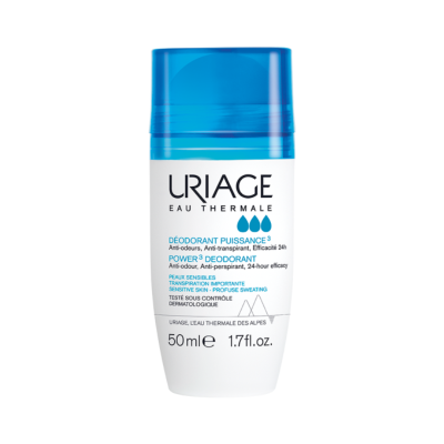 Desodorizante roll-on Uriage com tampa azul e corpo branco com texto