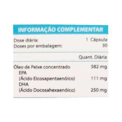 Etiqueta de suplemento alimentar com informação de dose diária e composição em óleo de peixe concentrado.