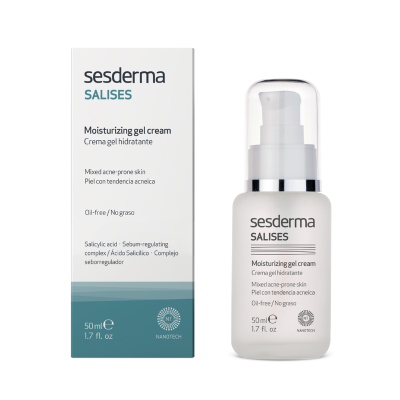 Creme hidratante gel Sesderma Salises com frasco branco e embalagem branca com azul