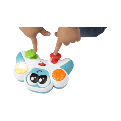 Comando de brinquedo infantil colorido com olhos desenhados e luz acesa