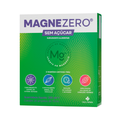 Embalagem de suplemento MAGNEZERO SEM AÇÚCAR verde e branca com ícones coloridos e texto informativo