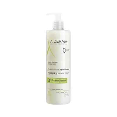 Frasco plástico branco com creme de duche hidratante A-DERMA 750 ml
